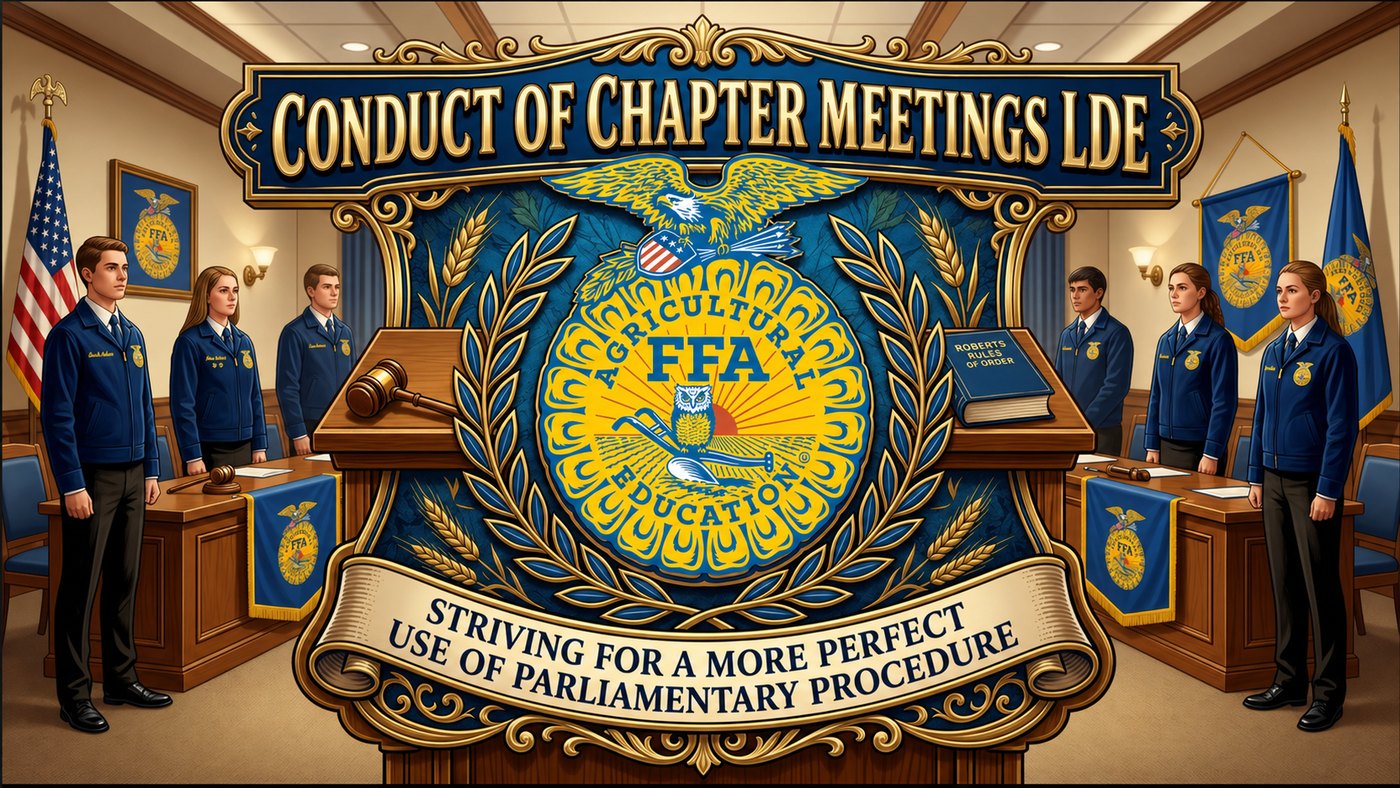 Illustration of an FFA Conduct of Chapter Meetings LDE: officers in FFA jackets standing at wooden stations with gavels and a copy of Robert's Rules of Order, beneath the FFA emblem and a banner reading &ldquo;Striving for a more perfect use of parliamentary procedure.&rdquo;